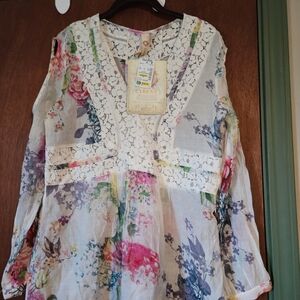 Cream Ruffled Long Sleeve Tunic with Bib Collar